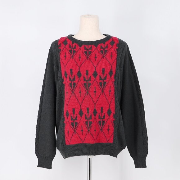 VINTAGE YVES VENET 80s/90s Red & Black Print Knit Sweater Size 42 - Picture 1 of 5